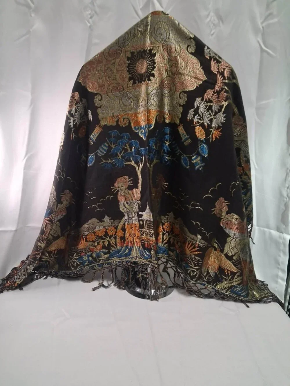 Vintage Asian-Inspired Fringed 48inx48in Shawl, Tablecover, Tapestry, Wall Hang